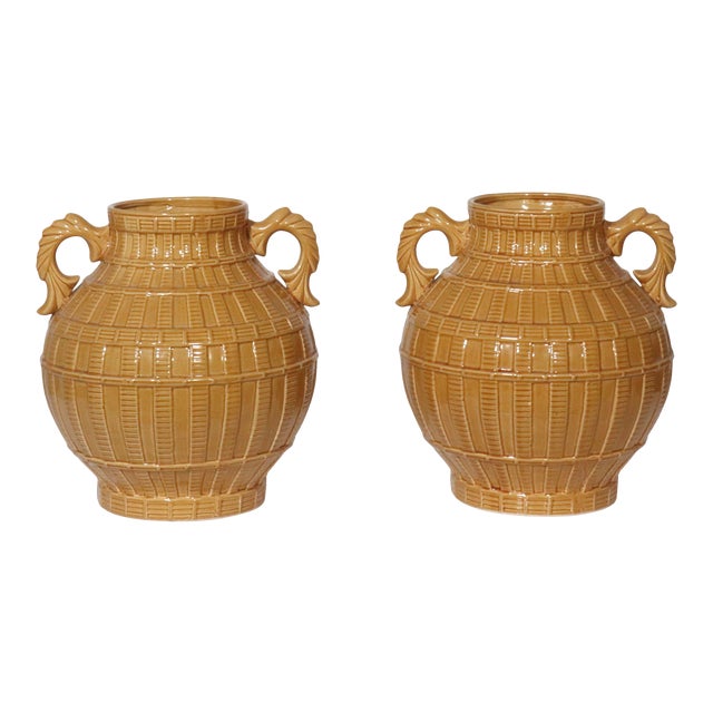 1970s Ceramic Basketweave Jars with Handles - A Pair For Sale