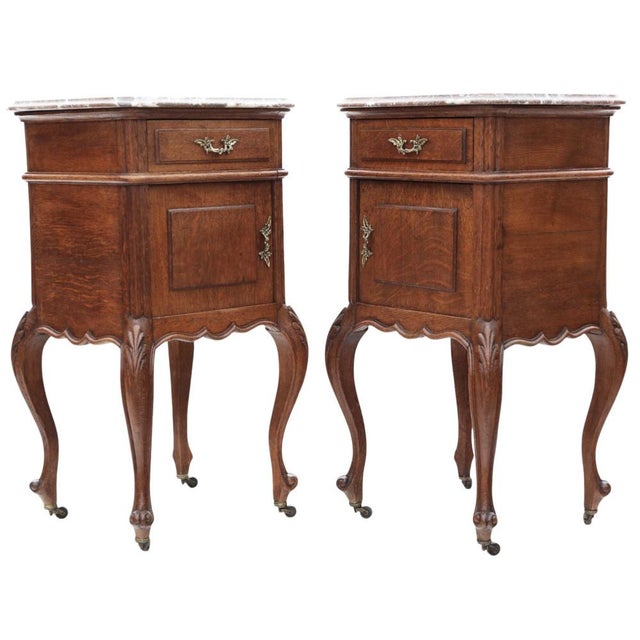 Antique Oak Marble-Top Bedside Tables, 1890s, Set of 2 For Sale - Image 11 of 11