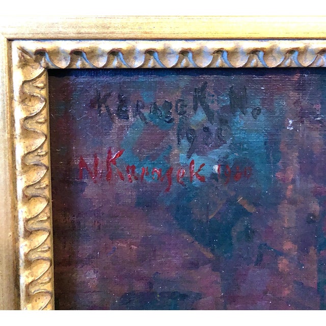 Nina Karasek, 1925 Viennese Oil Painting Interior Still Life with Porcelain Vase, Tapestry Rug, 1925 For Sale - Image 11 of 14