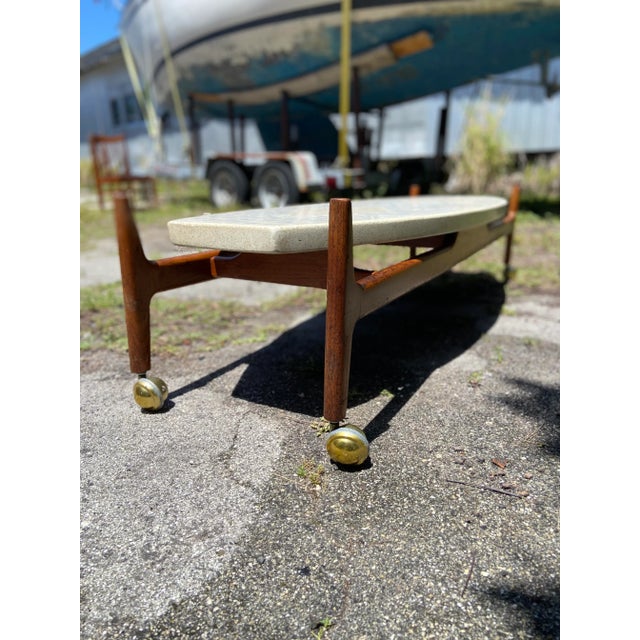 Mid Century Modern Surfboard Coffee Table in Terrazzo Marble and Travertine + Wood | in the Style of Harvey Probber For Sale In Tampa - Image 6 of 11