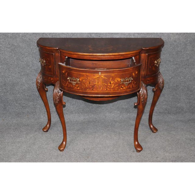 1980s Pair of John Richard "European Crossroads" Inlaid Console Tables – Edwardian Style Marquetry Demi-Lune Entryway Tables For Sale In Dallas - Image 6 of 9