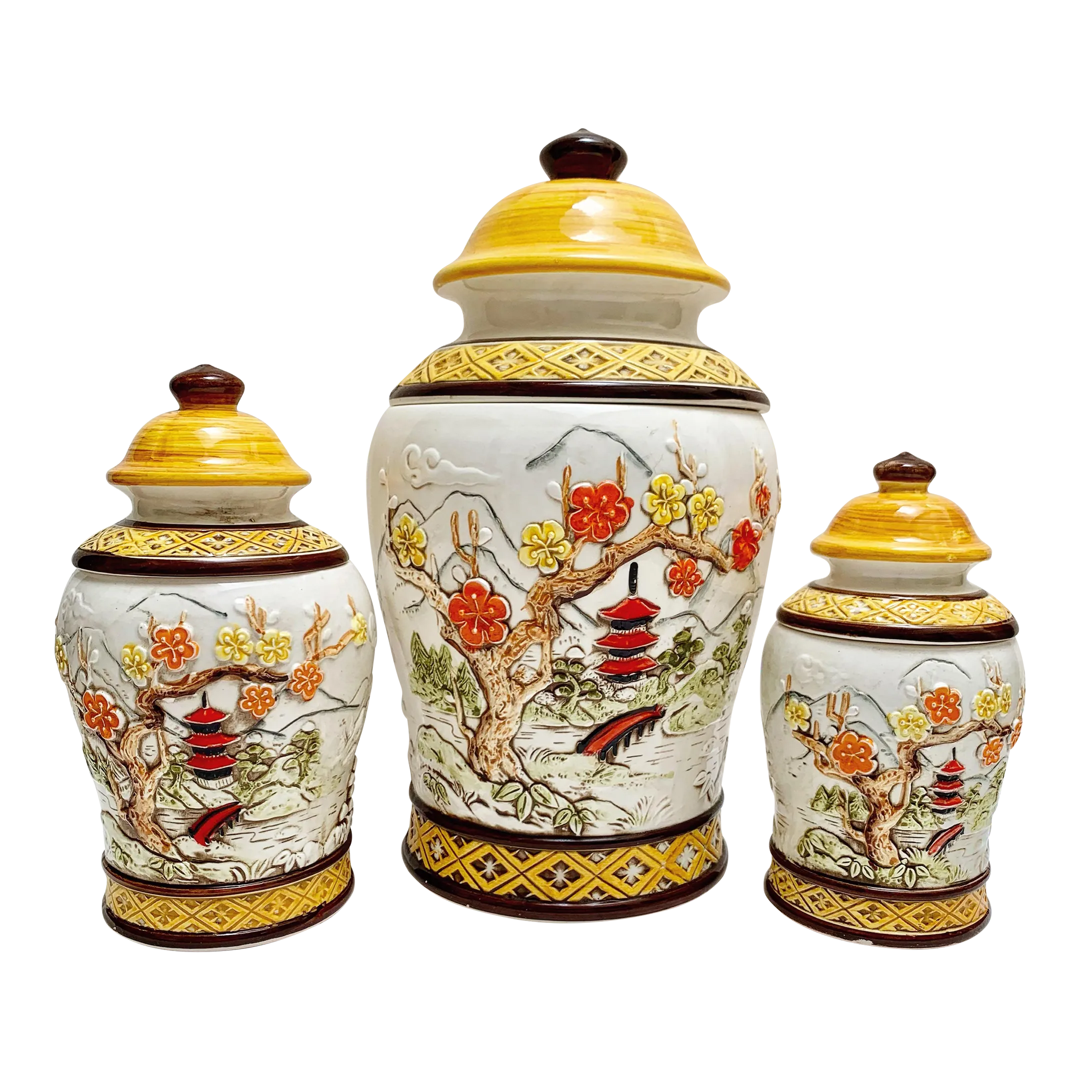 Asian Chinoiserie Cherry Blossom Ceramic Midcentury Canister Set