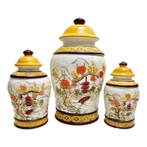 Asian Chinoiserie Cherry Blossom Ceramic Midcentury Canister Set of Three