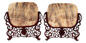Carved Wood and Transparent Marble Light Covers, Set of 2