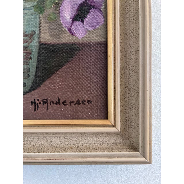 This original vintage oil painting from the 1960s, shows a full bouquet of pink, white and purple flowers in a pale blue-...