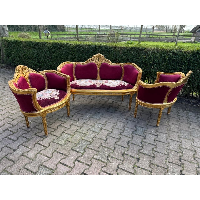 1960 French Louis XVI Burgundy Beech Velvet Sofa Set 3 PCS For Sale - Image 4 of 18