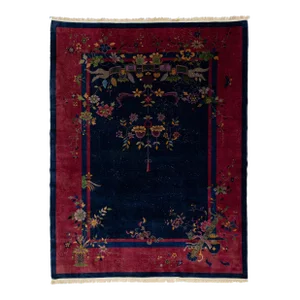 Navy Blue Antique Art Deco Chinese Wool Rug With a Classic Design