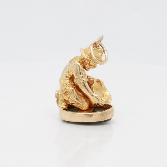 Antique 9k Gold & Jade Seal With Figural Gold Miner Watch Fob Charm For Sale - Image 11 of 12