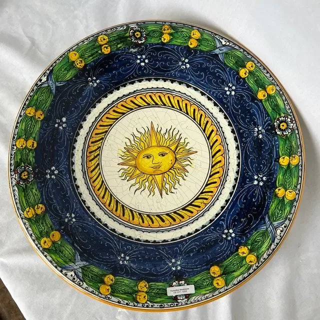 1990s 1990s Italian Hand-Painted Blue and Green Ceramic Round Sun Center Wall Plate For Sale - Image 5 of 11