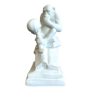 Vintage White Plaster Monkey Philosopher Statue For Sale