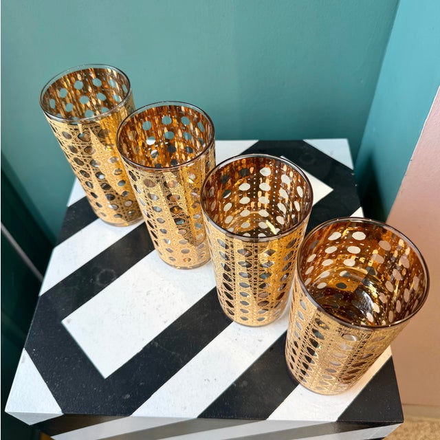 Mid-Century Modern Vintage Gold Cannella Rattan Highball Glasses by Culver - Set of 4 For Sale - Image 3 of 7