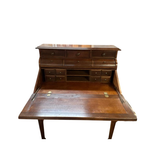 French Traditional Cherry Secretary Desk With Tambour Storage and Compass Inlay French Style Secretary Desk With Inlay For Sale - Image 3 of 12