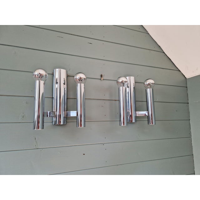 Double Tubular Wall Lights in Chromed Metal by Gaetano Sciolari for Boulanger, 1970s, Set of 2 For Sale - Image 3 of 15