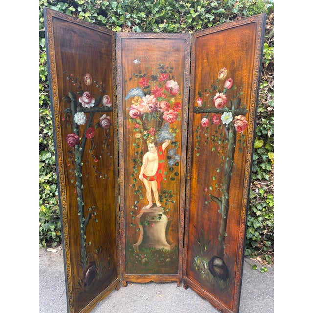 Antique Rococo French Three-Fold Hand-Painted Wood Romantic Cherub and Floral Room Divider, 1890s For Sale - Image 9 of 18