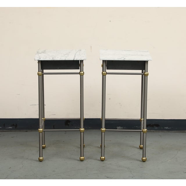 Pair of 20th Century Hollywood Regency Style Marble, Brass and Steel End Tables For Sale - Image 9 of 13