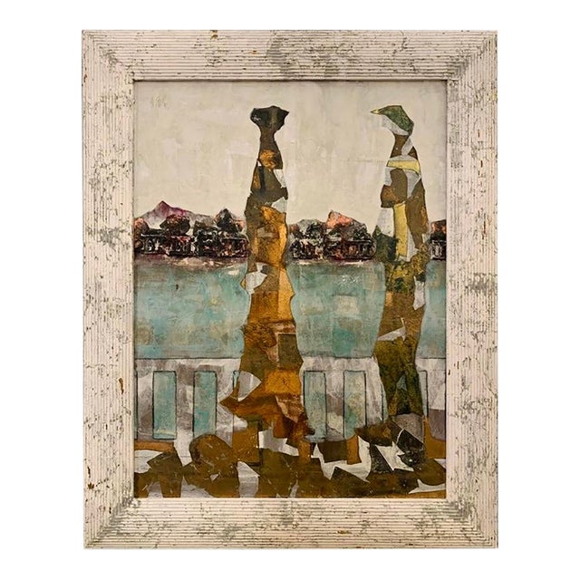 Andrea Stella "Terrace on the Lake" Gold Leaf Oil Mixed Media Painting, Lakeside Scene, Italian Contemporary Art, 2010 For Sale