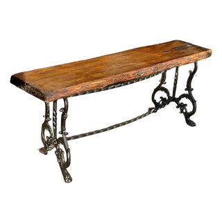 Rustic French Cast and Wrought Iron Live Edge Slab Bench For Sale