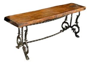 Rustic French Cast and Wrought Iron Live Edge Slab Bench