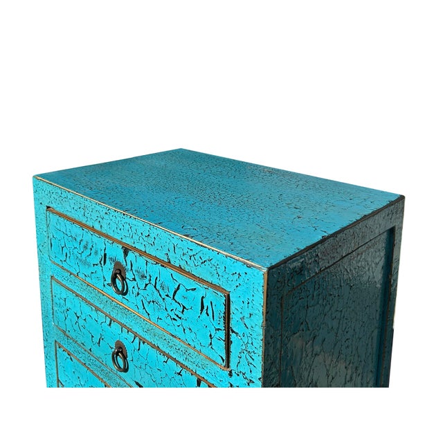 Distressed Crack Peeling Turquoise Blue 2 Drawers End Table Nightstand For Sale - Image 4 of 5