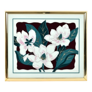 Vintage 1980s Large Scale Magnolia Floral Wall Art White Mauve Green and Gold Glitter For Sale