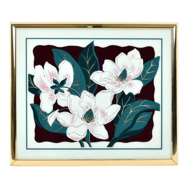 Vintage 1980s Large Scale Magnolia Floral Wall Art White Mauve Green and Gold Glitter For Sale