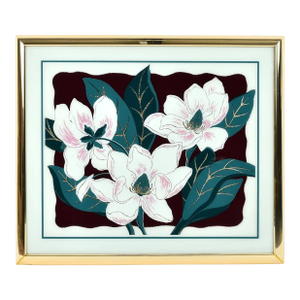 Vintage 1980s Large Scale Magnolia Floral Wall Art White Mauve Green and Gold Glitter