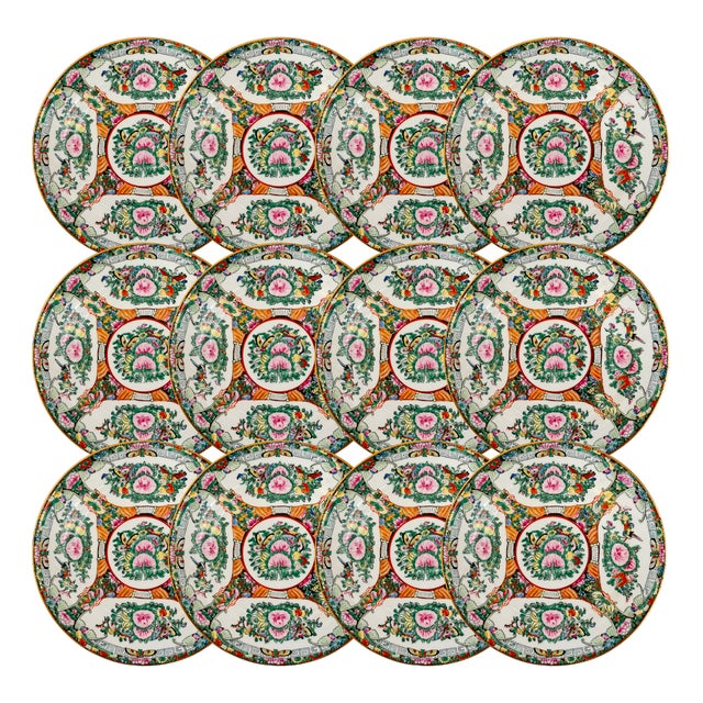 Mid 20th Century Chinese Famille Rose Canton Plates - Set of 12 For Sale