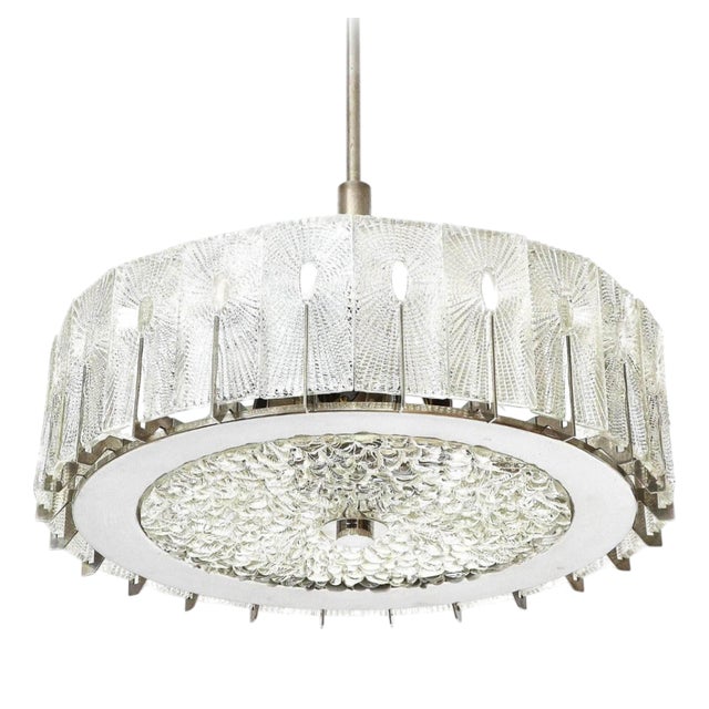 Vintage Textured Glass and Nickel Chandelier by J. T. Kalmar, 1960s For Sale