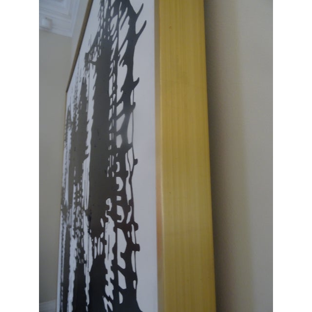 An interesting black and white abstract on canvas in a custom floater frame. Signed on Verso.