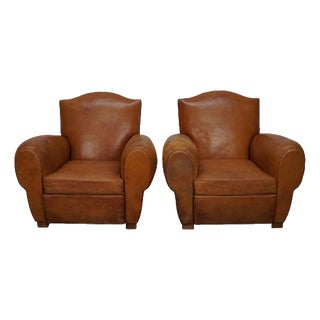 French Cognac Moustache Back Leather Club Chairs, 1950s, Set of 2 For Sale