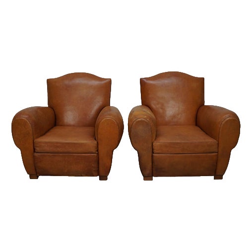 French Cognac Moustache Back Leather Club Chairs, 1950s, Set of 2 For Sale