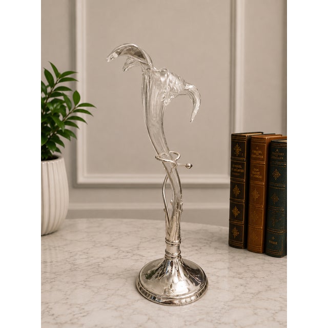 Vintage Hand Blown Art Glass Lily Vase With Silver Plated Stand | 15" Sculptural Floral Bud Vase | Elegant Home Decor For Sale In Sacramento - Image 6 of 6