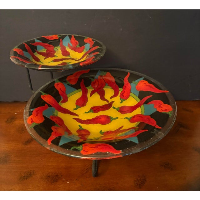 Rustic Peggy Karr Two-Tier Fused Glass Serving Bowl Set With Metal Stand – Chili Pepper Art Glass Serveware For Sale - Image 3 of 10