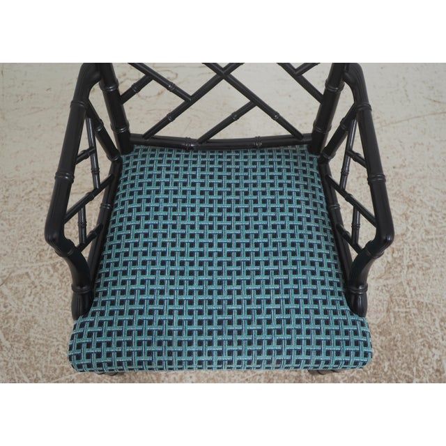 Pair of Ebonized Chinese Chippendale Faux Bamboo Dining Arm Chairs For Sale - Image 10 of 18