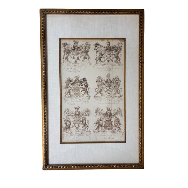 A pair of unusual 18th Century English pen and ink illustrations of the Achievements of Earls. Each illustration features...