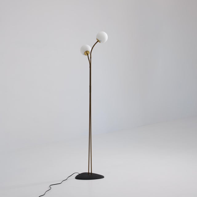 Black Brass Floor Lamp with Adjustable Arms and Opaline Glass Globes, 1950s For Sale - Image 8 of 9