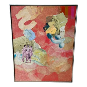 1970s Anne Sharp Abstract Surrealist Mixed-Media Collage on Masonite, Framed