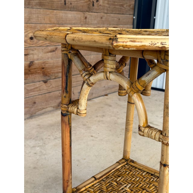 Vintage Coastal Rattan Fretwork Side Table With Woven Shelves For Sale In Naples, FL - Image 6 of 12