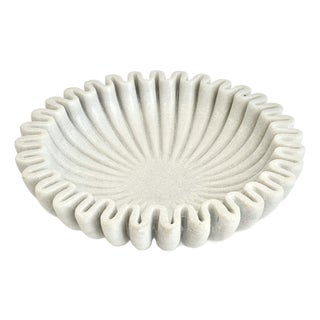Fluted White Marble Bowl 12" X 3.5" For Sale