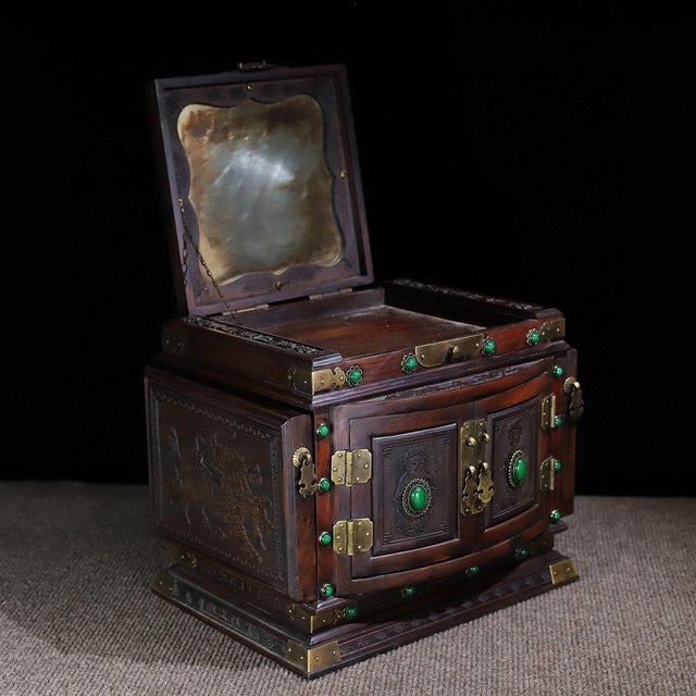 1970s Wood Jewelry Box With Dragon & Phoenix Carving and Gemstone Inlay For Sale - Image 9 of 10