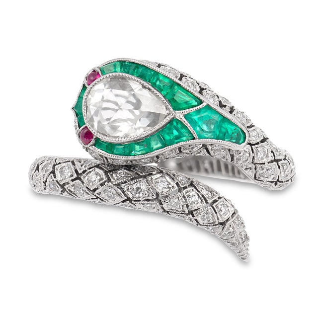 Modern Rose Cut Diamond Emerald Platinum Snake Wrap Ring, Size 8.75 For Sale - Image 3 of 6