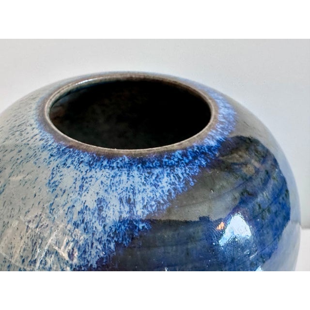 Ceramic Studio Ceramic Spherical Vase with Blue Flowing Glaze, Germany, 1970s For Sale - Image 7 of 15