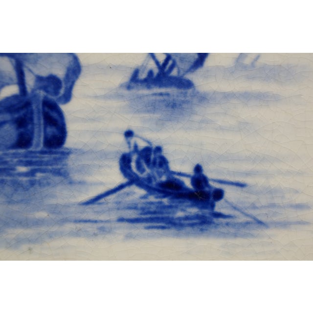 Antique Dutch Delft Cobalt Blue Nautical Maritime Rowboat Sailboats Ship Tile 6" For Sale - Image 10 of 11