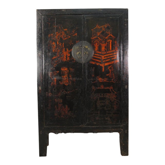 Large 84" Inch Tall Black Chinese Antique Cabinet For Sale