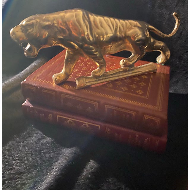 Mid-Century Brass Roaring Tiger Sculpture - Hollywood Regency A striking and dynamic mid-century brass sculpture capturing...