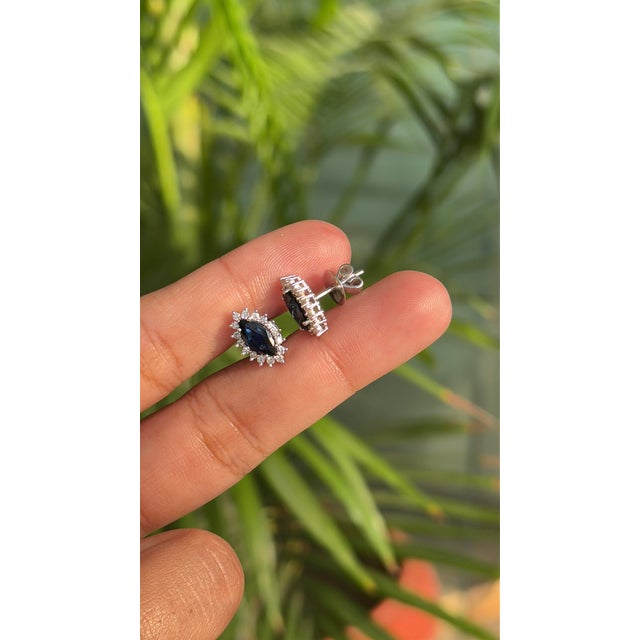 14k Gold Round Diamond & Marquise Cut Deep Sapphire Stud Earrings- 2 Pieces For Sale - Image 11 of 14