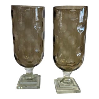 Pair ofHand-Blown Smoky Brown Bubble Glass Hurricanes For Sale