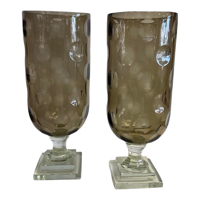 Pair ofHand-Blown Smoky Brown Bubble Glass Hurricanes For Sale