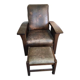 Stickley Mission Oak Reclining Morris Chair & Ottoman - A Pair For Sale