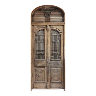 Antique Entry Doors Carved Wood and Wrought Iron For Sale